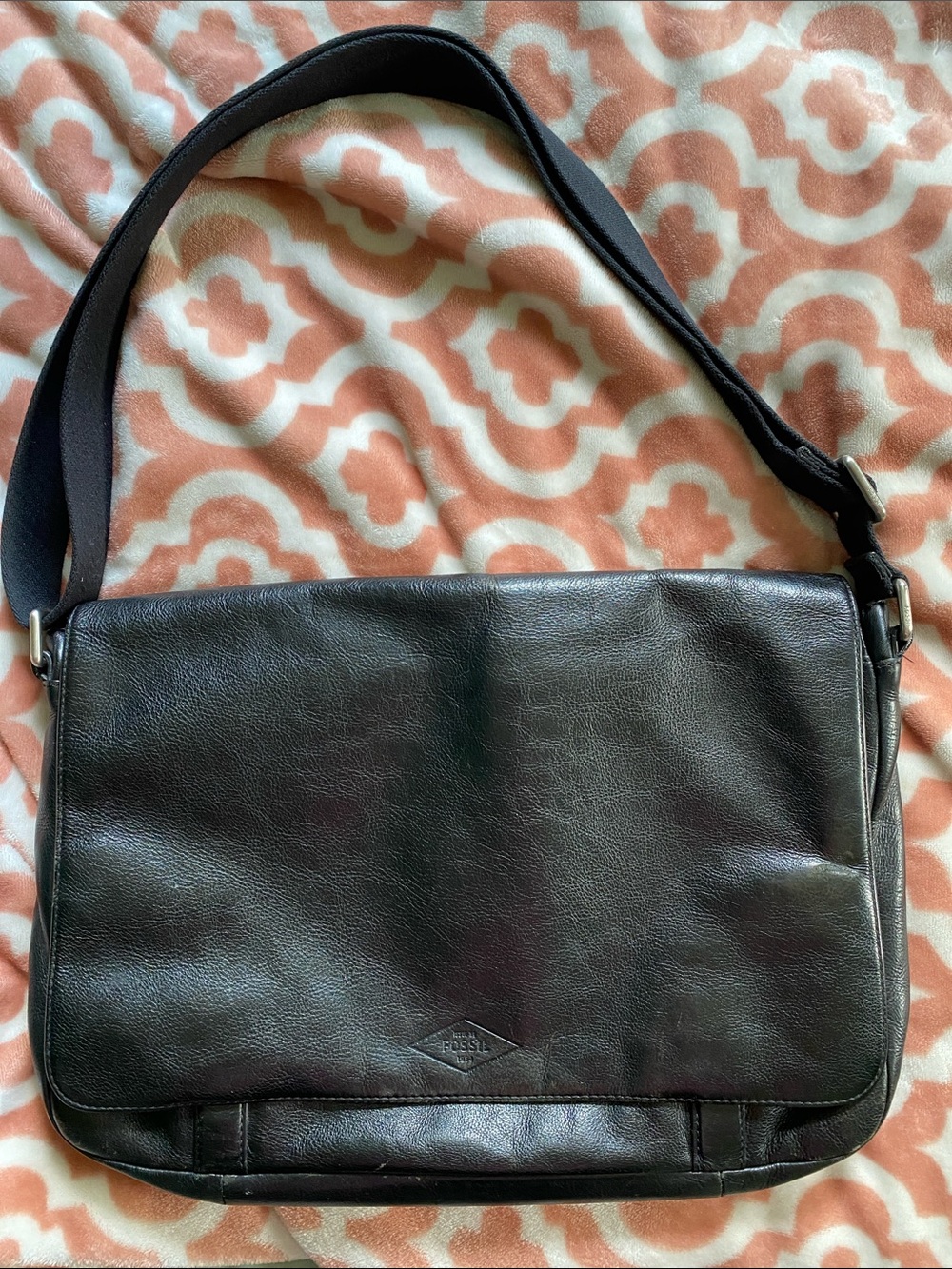 Fossil Black Leather Messenger Shoulder Bag